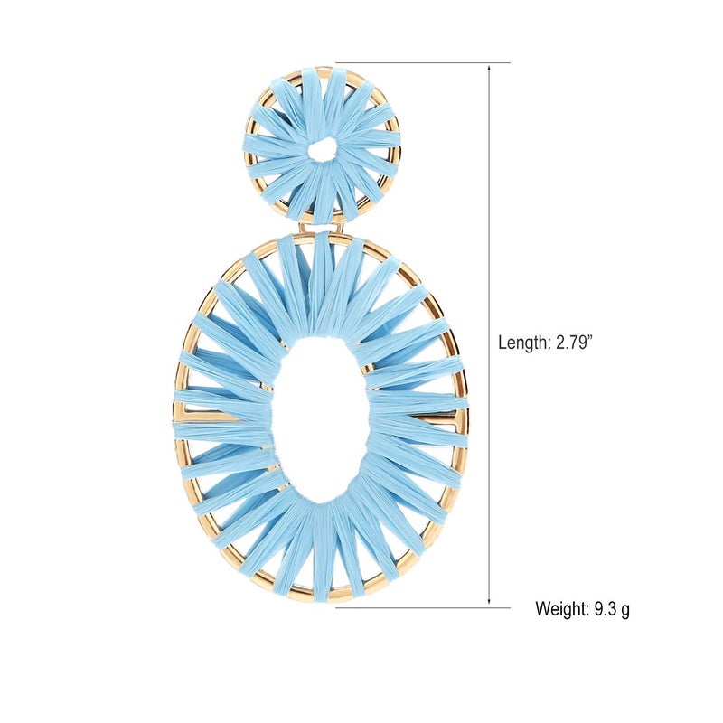 BaubleStar Kiera Raffia Tassel Fringe Rattan Hoop Drop Statement Earrings Light Blue Turquoise Tiered Thread Handmade Round Oval Cirle Dangle Fashion Jewelry for Women - Image 4